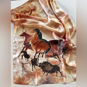 Vintage one of a kind hand painted silk satin scarf of Lascaux cave painting.